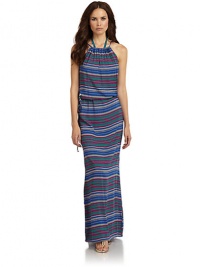 THE LOOKStripe print, alloverString tie at neckCinched waist with drawstring tie closureTHE FITAbout 61 from shoulder to hemTHE MATERIALViscoseCARE & ORIGINHand washImported