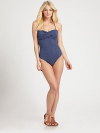 Polka dots add retro appeal to this adorable swim style with flattering ruched sides.Bandeau topFlattering gathered detailsUnderwire cupsFully lined90% polyester/10% spandexHand washMade in USA of Italian fabric Polka dots add retro appeal to this adorable swim style with flattering ruched sides.Bandeau topFlattering gathered detailsUnderwire cupsFully lined90% polyester/10% spandexHand washMade in USA of Italian fabric