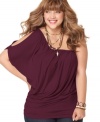 Get on-trend style in Soprano's one-shoulder plus size top, featuring at draped fit.