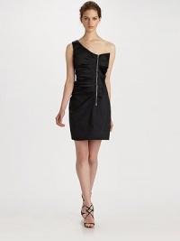 This standout piece captures the essence of modern edge with its asymmetrical shape, exposed front zipper, stylish pleats and ruffles.Asymmetrical neckline Pleated front with side ruffles Exposed front zipper Side zipper Fully lined About 32 from shoulder to hem 78% acetate/19% nylon/3% spandex Dry clean Imported This standout piece captures the essence of modern edge with its asymmetrical shape, exposed front zipper, stylish pleats and ruffles.Asymmetrical neckline Pleated front with side ruffles Exposed front zipper Side zipper Fully lined About 32 from shoulder to hem 78% acetate/19% nylon/3% spandex Dry clean Imported