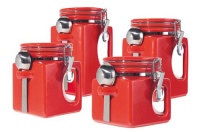 Oggi EZ Grip Handle 4-Piece Ceramic Airtight Canister Set, Red