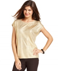 Glam up in Ellen Tracy's metallic short-sleeve top. It instantly elevates anything, from straight-leg trousers to sleek denim skirts. Glam up in Ellen Tracy's metallic short-sleeve top. It instantly elevates anything, from straight-leg trousers to sleek denim skirts.