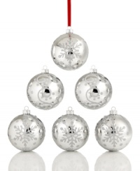 Frosty glow. This set of 6 Holiday Lane ornaments sparkle upon your tree with a shiny silver ground and white glitter scroll, dot and snowflake designs. Frosty glow. This set of 6 Holiday Lane ornaments sparkle upon your tree with a shiny silver ground and white glitter scroll, dot and snowflake designs.