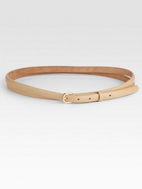 Sumptuous Italian nubuck leather, double-wrapped belt with a shiny goldtone brass buckle.Width, about .625Made in the USAOUR FIT MODEL RECOMMENDS ordering one size up as this style runs small. Sumptuous Italian nubuck leather, double-wrapped belt with a shiny goldtone brass buckle.Width, about .625Made in the USAOUR FIT MODEL RECOMMENDS ordering one size up as this style runs small.