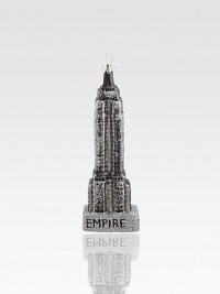 The iconic form of New York's Empire State Building appears to be dusted with sugar in this glittering glass creation to hang on your tree.Handmade and hand-paintedGlassAbout 6.5H X 1.5W X 1.25DImported The iconic form of New York's Empire State Building appears to be dusted with sugar in this glittering glass creation to hang on your tree.Handmade and hand-paintedGlassAbout 6.5H X 1.5W X 1.25DImported