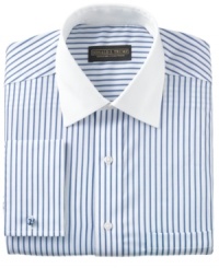 Donald Trump combines classic sophistication and modern comfort with this striped non iron French cuff dress shirt. Donald Trump combines classic sophistication and modern comfort with this striped non iron French cuff dress shirt.