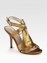 Rippled metallic leather forms this seductive silhouette, with a slender heel and adjustable ankle strap. Self-covered heel, 4 (100mm)Covered platform, ½ (15mm)Compares to a 3½ heel (90mm)Reptile-embossed metallic leather upperAdjustable ankle strapLeather lining and solePadded insoleImported Rippled metallic leather forms this seductive silhouette, with a slender heel and adjustable ankle strap. Self-covered heel, 4 (100mm)Covered platform, ½ (15mm)Compares to a 3½ heel (90mm)Reptile-embossed metallic leather upperAdjustable ankle strapLeather lining and solePadded insoleImported
