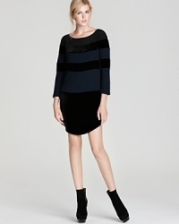 Bold and subtle at the same time, this casually sexy dress is embellished with colorblocked velvet stripes and a rounded hem - a great option for a creative office. Add ankle boots and punch the clock. Bold and subtle at the same time, this casually sexy dress is embellished with colorblocked velvet stripes and a rounded hem - a great option for a creative office. Add ankle boots and punch the clock.
