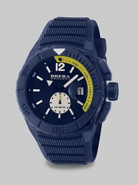 This incredible timepiece reflects meticulous craftsmanship and attention to detail, featuring a uni-directional bezel and stainless steel tonal case accented by a vulcanized rubber strap for a bold, sporty finish.Chronograph movementRound bezelWater resistant to 10ATMDate display at 3 o'clockSecond handStainless steel case: 48mm (1.89)Rubber strap braceletMade in Italy This incredible timepiece reflects meticulous craftsmanship and attention to detail, featuring a uni-directional bezel and stainless steel tonal case accented by a vulcanized rubber strap for a bold, sporty finish.Chronograph movementRound bezelWater resistant to 10ATMDate display at 3 o'clockSecond handStainless steel case: 48mm (1.89)Rubber strap braceletMade in Italy