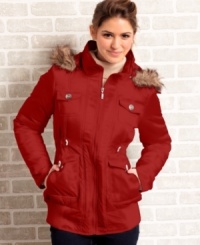 Warm up to this: a faux-fur trimmed hood plus waist-defining tabs and six-pockets for stashing all of your goodies. This soft shell parker from Dollhouse has everything a girl needs for chic, winter styling. Warm up to this: a faux-fur trimmed hood plus waist-defining tabs and six-pockets for stashing all of your goodies. This soft shell parker from Dollhouse has everything a girl needs for chic, winter styling.