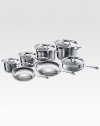 This essential collection of Le Creuset stainless steel is perfect for newlyweds or a new kitchen. Tri-ply construction with full aluminum cores provide even, all-around heat distribution while eliminating hot-spots and scorching. The set includes two fry pans, two saucepans with lids, a sauté pan with lid, soup pot with lid and stockpot with lid.