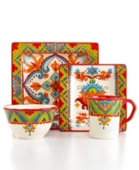The big bold florals and exuberant hues of the Pasha place settings by Tabletops Unlimited get everyone excited about eating in. Featuring square dinner plates and scalloped accessories for stylish flair. The big bold florals and exuberant hues of the Pasha place settings by Tabletops Unlimited get everyone excited about eating in. Featuring square dinner plates and scalloped accessories for stylish flair.