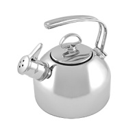 A warm and charming addition to your home, this striking Teakettle features the genuine Hohner® harmonica whistle that plays two notes and sounds like a freight train. A perfect balance of form and function, this 2.5-quart Teakettle has a uniquely curved handle that comfortably follows the curve of your hand. Available in Blue, White, Onyx and Stainless.