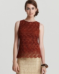 A study in contrasts, this Alice + Olivia lace tank is designed with a demure scallop hem and edgy exposed back black zipper. Truly versatile, wear it with elegant skirts or rock it downtown-style with leather pants. A study in contrasts, this Alice + Olivia lace tank is designed with a demure scallop hem and edgy exposed back black zipper. Truly versatile, wear it with elegant skirts or rock it downtown-style with leather pants.