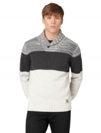 A classy shawl collar and a multi-color design give this Calvin Klein Jeans sweater its handsome style. A classy shawl collar and a multi-color design give this Calvin Klein Jeans sweater its handsome style.