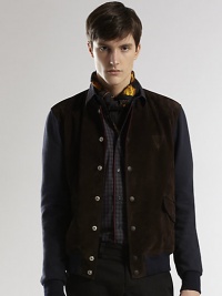 Sumptuous suede and knitted cotton complete this bomber jacket with crest detail at the chest.Snap button frontWaist flap pocketsBanded cuffs and hemAbout 27 from shoulder to hemCottonDry cleanMade in Italy Sumptuous suede and knitted cotton complete this bomber jacket with crest detail at the chest.Snap button frontWaist flap pocketsBanded cuffs and hemAbout 27 from shoulder to hemCottonDry cleanMade in Italy