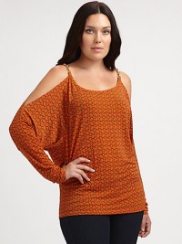 Offering unfettered style, a shoulder-flaunting top with a chic, chain-link print and chain straps.Round neckDolman sleevesChain-link detail at cold shouldersPull-on styleAllover printAbout 26 from shoulder to hemPolyester/spandexDry cleanImported