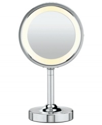See for yourself. This Conair lighted makeup mirror in a chrome finish features double sided 1x to 5x magnification, circular lighting and a rotating mirror head for flexible viewing. Model BE150Z. See for yourself. This Conair lighted makeup mirror in a chrome finish features double sided 1x to 5x magnification, circular lighting and a rotating mirror head for flexible viewing. Model BE150Z.
