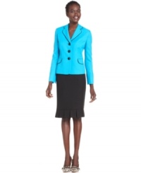 Bold blue and colorblocked trim make this jacket from Evan Picone feel unique. A peplum-hem skirt keeps the feminine feel going. Bold blue and colorblocked trim make this jacket from Evan Picone feel unique. A peplum-hem skirt keeps the feminine feel going.