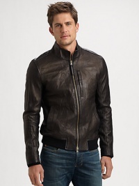 A modern approach to the classic motorcycle jacket, this soft leather style has a zippered chest pocket and a banded hem, in a washed, well-worn finish.Zip frontStand collarChest welt, waist slash pocketsBanded hemAbout 26 from shoulder to hemLeatherDry cleanMade in Italy A modern approach to the classic motorcycle jacket, this soft leather style has a zippered chest pocket and a banded hem, in a washed, well-worn finish.Zip frontStand collarChest welt, waist slash pocketsBanded hemAbout 26 from shoulder to hemLeatherDry cleanMade in Italy