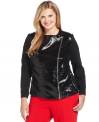 Make a dazzling entrance in Calvin Klein's plus size motorcycle jacket, flaunting a sequined front! Make a dazzling entrance in Calvin Klein's plus size motorcycle jacket, flaunting a sequined front!