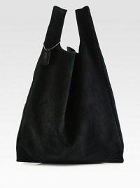 Soft and luxurious suede in a casual shopper shape.Double top handles, 11 dropOpen topOne inside zip pocketFully lined16¾W X 25H X 3½DMade in Italy Soft and luxurious suede in a casual shopper shape.Double top handles, 11 dropOpen topOne inside zip pocketFully lined16¾W X 25H X 3½DMade in Italy