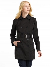 THE LOOKNotched collarDouble-breasted button front closureLong sleeves with three-button cuffsDual welt pockets with button closureButton tab at backAttached beltWater resistantMatching travel pouch includedTHE FITAbout 31 from shoulder to hemTHE MATERIALPolyesterCARE & ORIGINMachine washImported THE LOOKNotched collarDouble-breasted button front closureLong sleeves with three-button cuffsDual welt pockets with button closureButton tab at backAttached beltWater resistantMatching travel pouch includedTHE FITAbout 31 from shoulder to hemTHE MATERIALPolyesterCARE & ORIGINMachine washImported