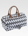 A bold zigzag pattern looks fresh and smart, printed on sturdy cotton and fashioned into a roomy duffel.Top zip closureLeather double handlesDetachable, adjustable shoulder strapInside and outside zip pockets18¾L X 9½H X 9¼DCottonSpot cleanImported