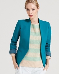 Crafted from a fluid fabric with the perfect dash of stretch, this mid-weight Theory jacket is a perfect transitional piece as we segue from summer into fall. Crafted from a fluid fabric with the perfect dash of stretch, this mid-weight Theory jacket is a perfect transitional piece as we segue from summer into fall.