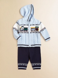 This captivating duo has everything - an adorable appliquéd train, rich cables, Nordic borders - all done in cozy, sweatery-soft knit. HoodieHood with ribbed, color-tipped edgingTrain appliqués across chestFront zipperLong sleeves with ribbed color-tipped cuffsFront cablesRibbed bottom Pants Elastic waistbandNordic borderRibbed anklesCottonMachine washImportedAdditional InformationKid's Apparel Size Guide This captivating duo has everything - an adorable appliquéd train, rich cables, Nordic borders - all done in cozy, sweatery-soft knit. HoodieHood with ribbed, color-tipped edgingTrain appliqués across chestFront zipperLong sleeves with ribbed color-tipped cuffsFront cablesRibbed bottom Pants Elastic waistbandNordic borderRibbed anklesCottonMachine washImportedAdditional InformationKid's Apparel Size Guide
