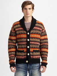 Multicolored fair isle print cardigan, shaped in superior wool with authentic recycled wood buttons for heritage appeal.Button-frontShawl collarRibbed knit collar, cuffs and hemWaist patch pocketsWoolDry cleanImported Multicolored fair isle print cardigan, shaped in superior wool with authentic recycled wood buttons for heritage appeal.Button-frontShawl collarRibbed knit collar, cuffs and hemWaist patch pocketsWoolDry cleanImported