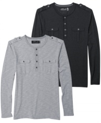 Cool henley styling gets updated with modern military finishes. This Retrofit shirt will soon become a staple. Cool henley styling gets updated with modern military finishes. This Retrofit shirt will soon become a staple.