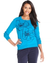 Get a romantic touch with Charter Club's basic cardigan, complete with an embroidered floral design at the front. Get a romantic touch with Charter Club's basic cardigan, complete with an embroidered floral design at the front.