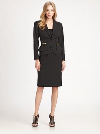 Lavish and lightweight-- this stretchy basic has zippered slash pockets and a lovely peplum detail. Notched collarButton closureLong sleevesZippered slash pockets at peplum detailAbout 21 from shoulder to hem62% polyester/33% viscose/5% elastaneDry cleanMade in USA of imported fabricModel shown is 5'10 (177cm) wearing US size 2. Lavish and lightweight-- this stretchy basic has zippered slash pockets and a lovely peplum detail. Notched collarButton closureLong sleevesZippered slash pockets at peplum detailAbout 21 from shoulder to hem62% polyester/33% viscose/5% elastaneDry cleanMade in USA of imported fabricModel shown is 5'10 (177cm) wearing US size 2.