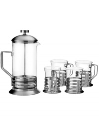 Calling all coffee lovers! Introduce your kitchen (and tastebuds) to a whole new brew with this five-piece French press set, a true treat for the coffee connoisseur. Great for giving and getting, the set includes a press and four matching cups for serving up splendidly robust cups of your best blend. Calling all coffee lovers! Introduce your kitchen (and tastebuds) to a whole new brew with this five-piece French press set, a true treat for the coffee connoisseur. Great for giving and getting, the set includes a press and four matching cups for serving up splendidly robust cups of your best blend.