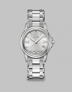 From the Fendi Loop Collection. A classic timepiece in sleek stainless steel. Swiss quartz movementWater resistant to 5 ATMRound stainless steel case, 30mm (1.1)Smooth bezelStainless steel dialRoman numeral and dot hour markersDate display at 4 o'clockSecond hand Stainless steel link bracelet, 16mm wide (0.6)Made in Switzerland 