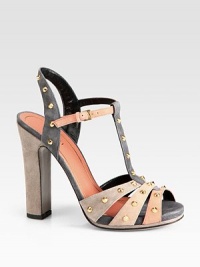 Contrast suede design with metal stud detail and an adjustable strap. Self-covered heel, 4½ (115mm)Self-covered platform, ½ (15mm)Compares to a 4 heel (100mm)Suede upper with metal studsOpen toeLeather lining and solePadded insoleMade in Italy Contrast suede design with metal stud detail and an adjustable strap. Self-covered heel, 4½ (115mm)Self-covered platform, ½ (15mm)Compares to a 4 heel (100mm)Suede upper with metal studsOpen toeLeather lining and solePadded insoleMade in Italy