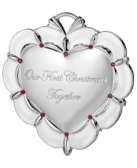 With all your heart. Have a romantic holiday with an engraved Waterford ornament commemorating your first Christmas together. Featuring polished silver plate with sparkling ruby-red accents. With all your heart. Have a romantic holiday with an engraved Waterford ornament commemorating your first Christmas together. Featuring polished silver plate with sparkling ruby-red accents.