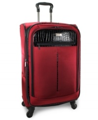 Fashion forward! Always on the move & ready to go, this durable spinner shines with snake-patterned trim and steps up to any size travel with confidence and ease. Smooth gliding tackles tricky corners, stubborn curves & busy terminals, while a fully-stocked interior, with expandable lid, garment restraints, mesh zipper pocket & more, packs like a pro. Fashion forward! Always on the move & ready to go, this durable spinner shines with snake-patterned trim and steps up to any size travel with confidence and ease. Smooth gliding tackles tricky corners, stubborn curves & busy terminals, while a fully-stocked interior, with expandable lid, garment restraints, mesh zipper pocket & more, packs like a pro.