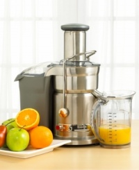 Sleek design meets healthy living with this stylish and upscale juicer. Die-cast stainless steel body emits contemporary flair. Three-inch circular feed tube minimizes preparation and feeding time. Two-speed settings for soft fruits and hard veggies. Stainless-steel micromesh filter, titanium-plated cutting disk. 1,000-watts, 13,000 rpm at high speed and 6,500 rpm at low speed. Easy to clean, dishwasher safe parts. Includes bonus 1-liter pitcher (34 oz). One-year limited warranty, three-year motor warranty. Model 800JEXL. Sleek design meets healthy living with this stylish and upscale juicer. Die-cast stainless steel body emits contemporary flair. Three-inch circular feed tube minimizes preparation and feeding time. Two-speed settings for soft fruits and hard veggies. Stainless-steel micromesh filter, titanium-plated cutting disk. 1,000-watts, 13,000 rpm at high speed and 6,500 rpm at low speed. Easy to clean, dishwasher safe parts. Includes bonus 1-liter pitcher (34 oz). One-year limited warranty, three-year motor warranty. Model 800JEXL.