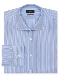 Bring your professional look into alignment with a handsome stripe shirt, expertly crafted in crisp cotton and tailored with a regular fit for traditional appeal. Pair it with a posh silk tie for an extra spark. Bring your professional look into alignment with a handsome stripe shirt, expertly crafted in crisp cotton and tailored with a regular fit for traditional appeal. Pair it with a posh silk tie for an extra spark.