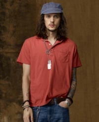Adding a dose of downtown edge to a modern classic, this weathered polo shirt is constructed from lightweight cotton jersey and accented with a convenient pocket for a casual twist on a timeless silhouette. Adding a dose of downtown edge to a modern classic, this weathered polo shirt is constructed from lightweight cotton jersey and accented with a convenient pocket for a casual twist on a timeless silhouette.