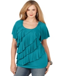 Tiered ruffles beautifully enhance AGB's short sleeve plus size top-- complete the look with your go-to jeans. Tiered ruffles beautifully enhance AGB's short sleeve plus size top-- complete the look with your go-to jeans.
