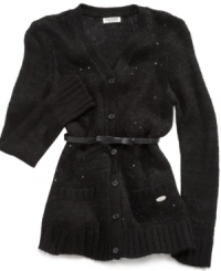 A forever-favorite for your stylish diva. Let her sparkle in this Guess cardigan, made complete with a few smatterings of light-catching sequins. A forever-favorite for your stylish diva. Let her sparkle in this Guess cardigan, made complete with a few smatterings of light-catching sequins.