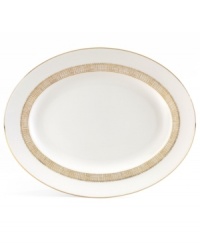 Like fine mesh ribbons, a crisscross of gold bands with platinum accents create this delightfully rustic dinnerware pattern. A beautiful way to bring homespun charm to formal events or exquisite style to every meal. Like fine mesh ribbons, a crisscross of gold bands with platinum accents create this delightfully rustic dinnerware pattern. A beautiful way to bring homespun charm to formal events or exquisite style to every meal.