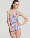 Pretty in paisley, this Lauren Ralph Lauren one-piece is trés classique in a one-shouldered silhouette with gilded details.