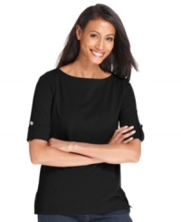 Charter Club's short-sleeve petite top is a wardrobe essential. Chic details like button tabs at the sleeves and a flattering boat neckline instantly elevate it.