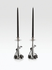 From the Black Orchid Collection. Delicately detailed in cast metal, graceful orchid stems wrap around the tapered hammered base of these striking candlesticks, adding beauty to your table or mantel.Black and polished nickel-plated metal alloyHand-finishedHolds standard tapers (not included) 11HHand washImported From the Black Orchid Collection. Delicately detailed in cast metal, graceful orchid stems wrap around the tapered hammered base of these striking candlesticks, adding beauty to your table or mantel.Black and polished nickel-plated metal alloyHand-finishedHolds standard tapers (not included) 11HHand washImported