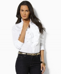 Three layers of elegant ruffles drape gently at the placket of a classic button-down shirt rendered in sophisticated cotton broadcloth. Three layers of elegant ruffles drape gently at the placket of a classic button-down shirt rendered in sophisticated cotton broadcloth.