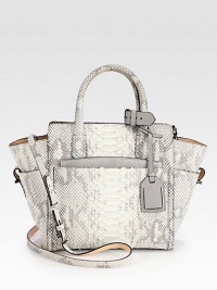 A sculptural design in ultra-luxurious python with leather accents. Double top handles, 4¼ dropDetachable adjustable shoulder strap, 21-22¼ dropTop zip closureFour outside open pocketsOne detachable zip pouchOne inside zip pocketTwo inside open pocketsCotton lining9¾W X 9½H X 4¾DImported A sculptural design in ultra-luxurious python with leather accents. Double top handles, 4¼ dropDetachable adjustable shoulder strap, 21-22¼ dropTop zip closureFour outside open pocketsOne detachable zip pouchOne inside zip pocketTwo inside open pocketsCotton lining9¾W X 9½H X 4¾DImported
